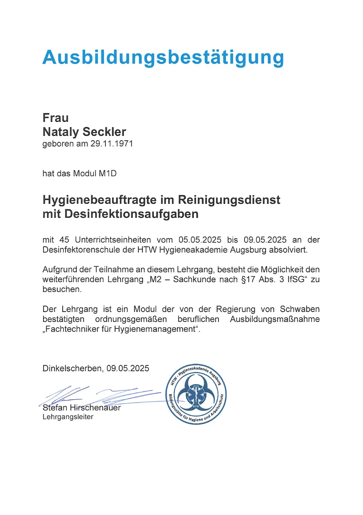 ausbildungsbestaetigung hygienebeauftragte reinigungsdienst