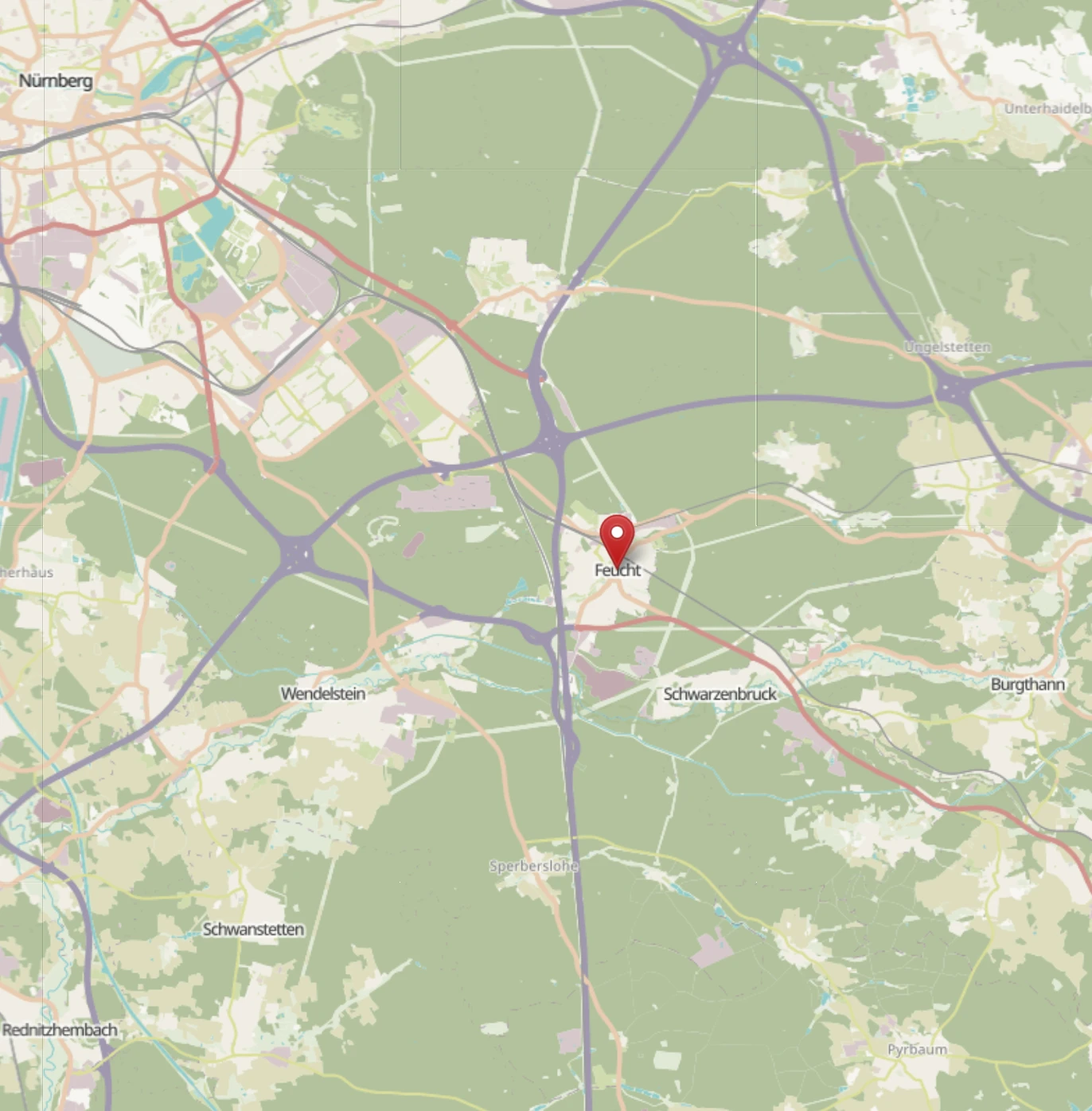 Karte mit markiertem Einsatzgebiet für Umzüge in Feucht.