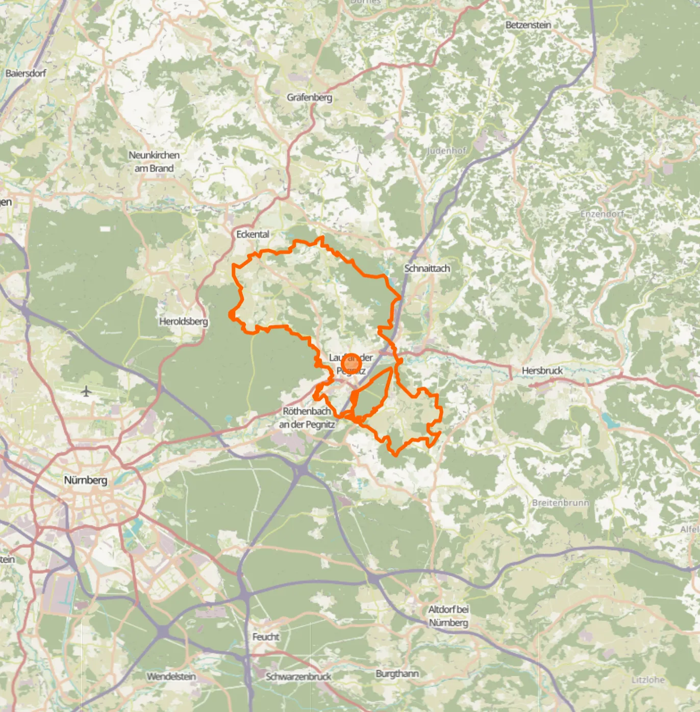 Karte mit markiertem Einsatzgebiet für Umzüge in Lauf an der Pegnitz.