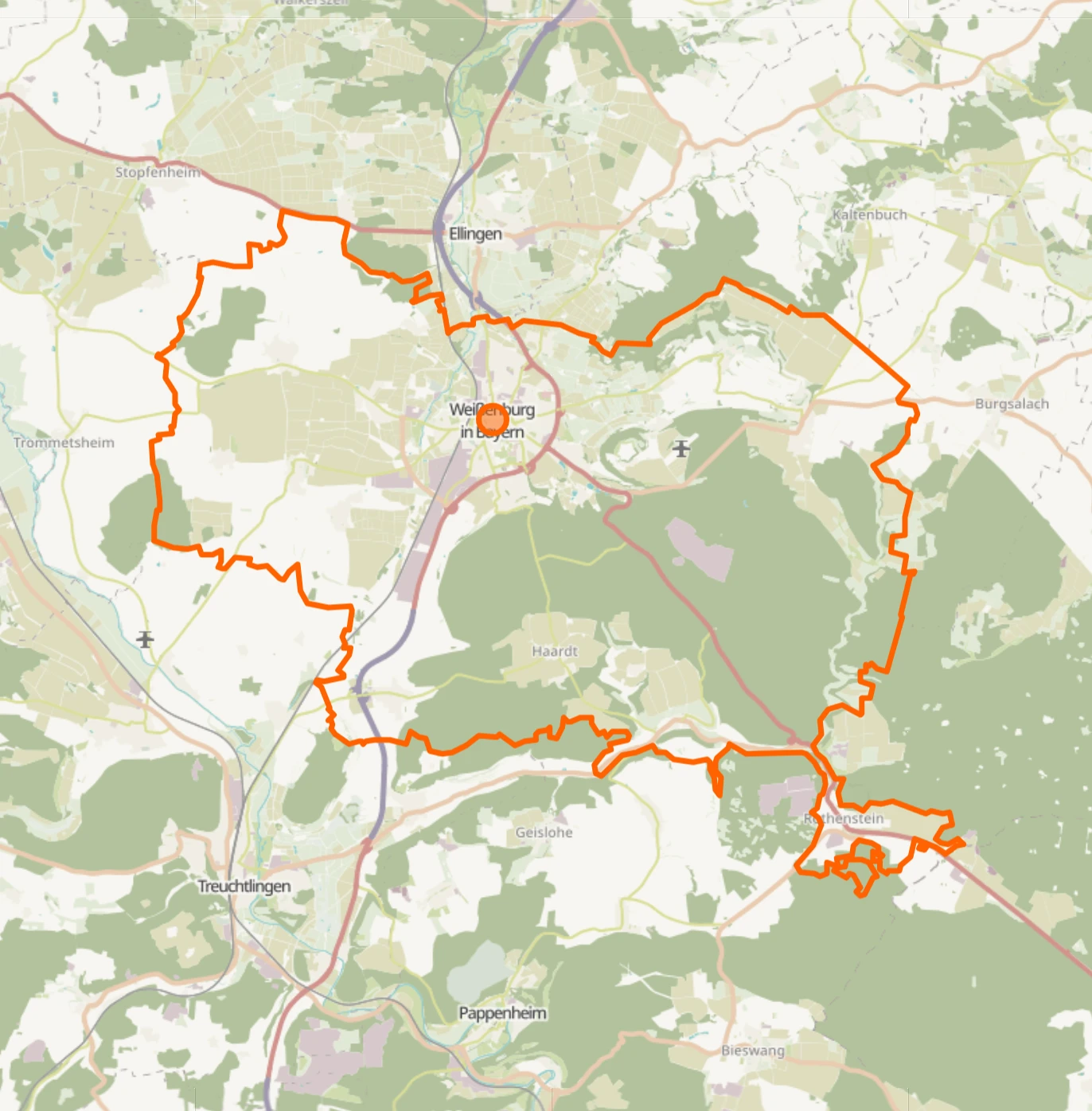 Karte mit markiertem Einsatzgebiet für Umzüge in Weißenburg in Bayern. Die Umgebung mit Orten wie Ellingen, Treuchtlingen und Pappenheim ist ebenfalls sichtbar.