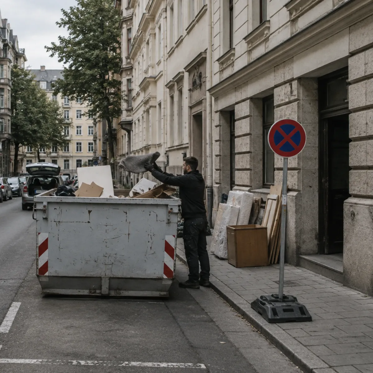 Abtransport von Hausrat an einer Straße mit Halteverbotsschild