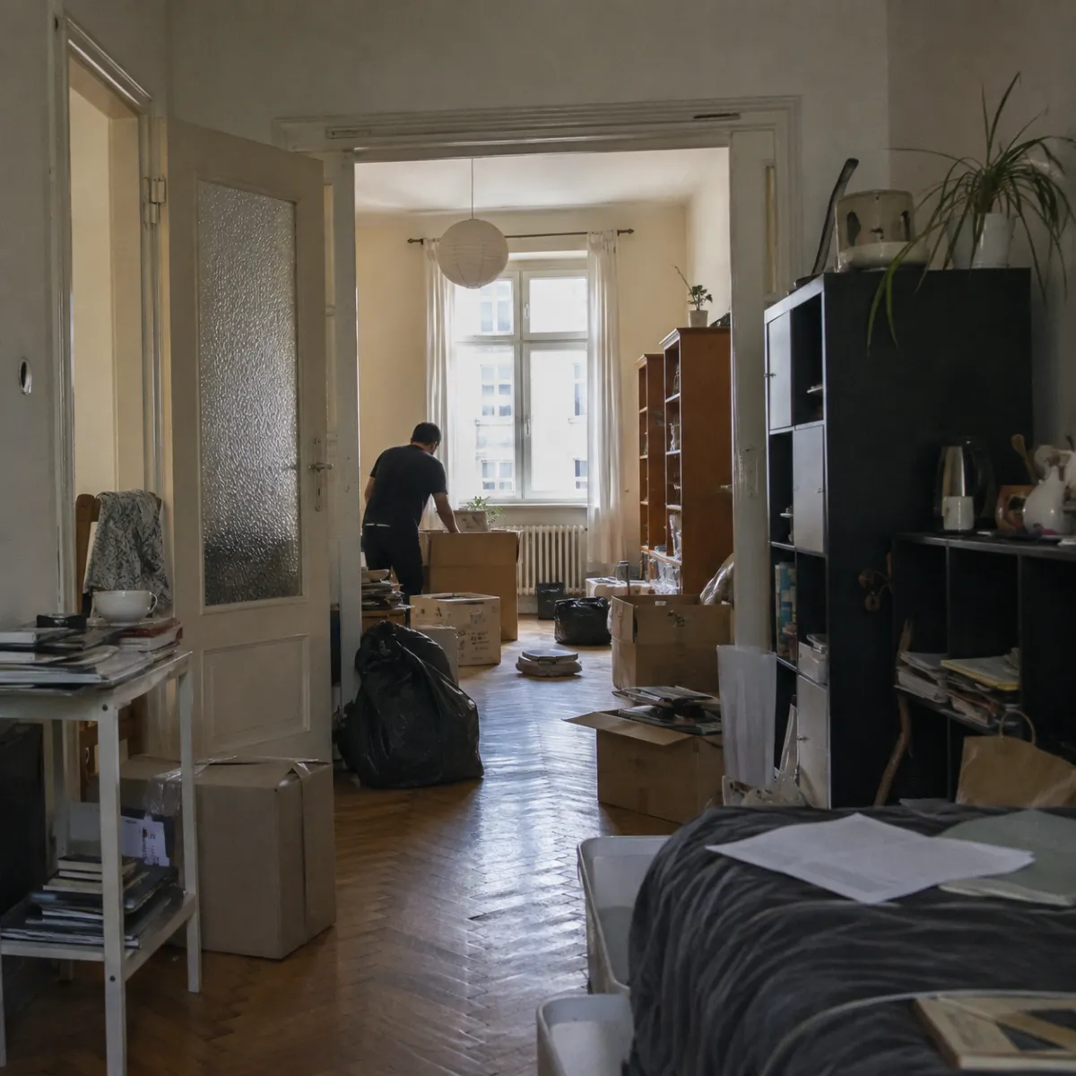 Mann bei der Räumung einer möblierten Wohnung mit Umzugskartons
